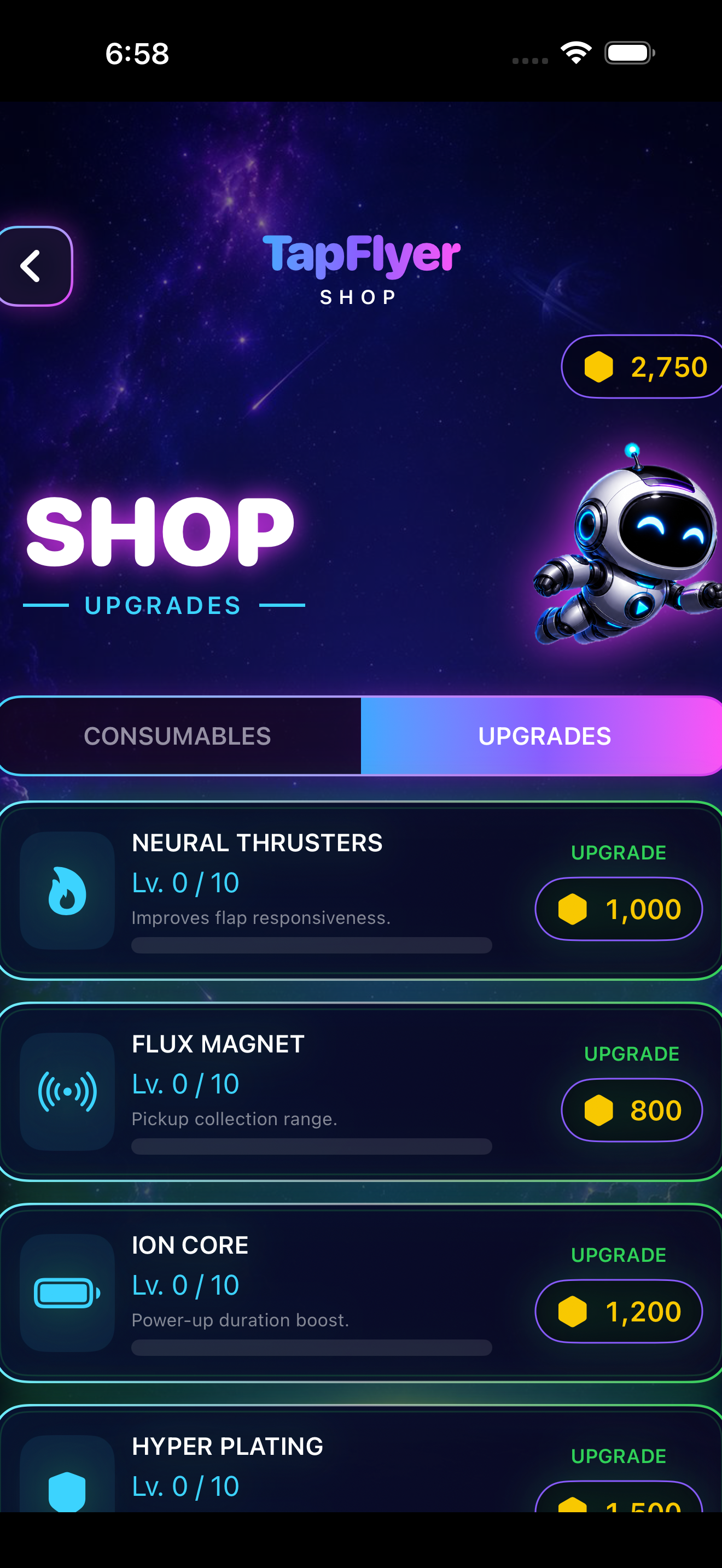 TapFlyer upgrade screen